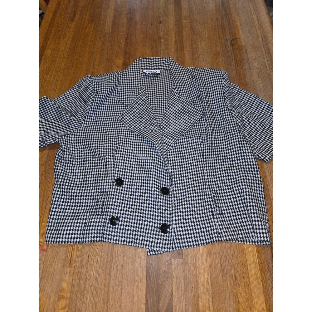 Marnie West Women LG Black White Houndstooth Cropped Short Sleeve Blazer Vintage